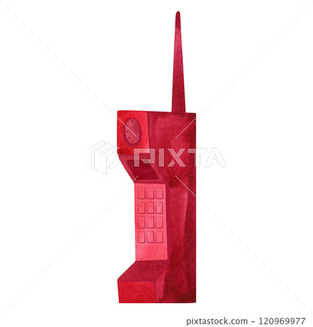 Old mobile phone with antenna and buttons. 90s romcom aesthetics. Isolated watercolor illustration for postcard, sticker, notebook, t-shirt. Old mobile phone with antenna and buttons. 90s romcom aesthetics. Isolated watercolor illustration for postcard, sticker, notebook, t-shirt. 120969977