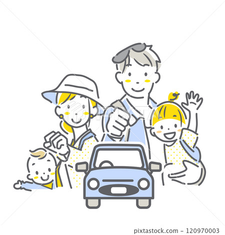 A family of four excited about a drive - simple and stylish line drawing illustration 120970003