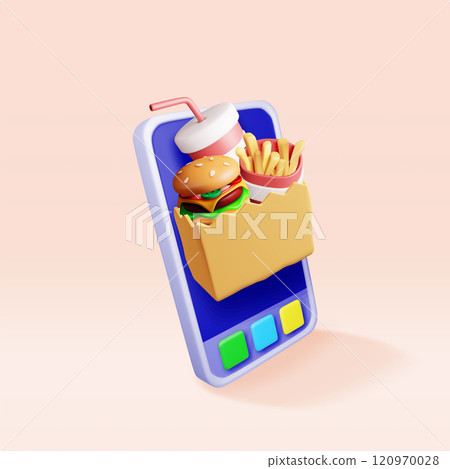 3D cola with fries and cheeseburger in smartphone 3D cola with fries and cheeseburger in smartphone 120970028