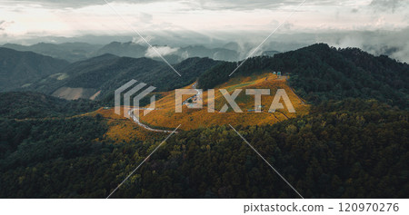 Mountains and fields of yellow flowers in the evening 120970276