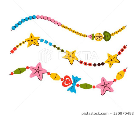 Friendship bracelet vector set. Necklace made of beads. Handmade jewelry. Doodle illustration. Friendship bracelet vector set. Necklace made of beads. Handmade jewelry. Doodle illustration. 120970498