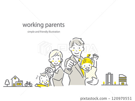 一個簡單而時尚的線條畫插圖,描繪了一個積極的家庭,父母都努力撫養孩子。 一個簡單而時尚的線條畫插圖,描繪了一個積極的家庭,父母都努力撫養孩子。 120970551