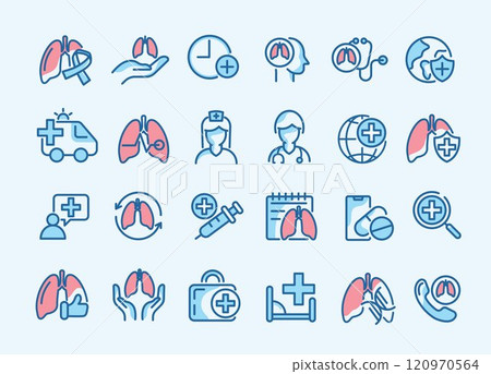 Health care and medical about lungs icon set. concept of lung disease treatment for hospital, health care, emergency, doctor, diagnosis, report, illness, ambulance and more. vector design. Health care and medical about lungs icon set. concept of lung disease treatment for hospital, health care, emergency, doctor, diagnosis, report, illness, ambulance and more. vector design. 120970564
