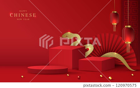 Chinese new year 2025 year of the snake for product. podium, backdrop, products showcase and promotion display on red background. lunar new year concept. vector design. 120970575