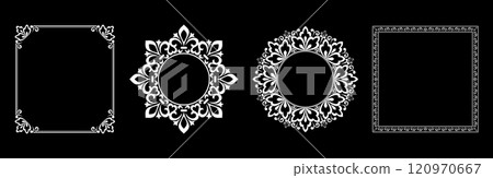 Set of decorative frames Elegant vector element for design in Eastern style, place for text. Floral black and white borders. Lace illustration for invitations and greeting cards. Set of decorative frames Elegant vector element for design in Eastern style, place for text. Floral black and white borders. Lace illustration for invitations and greeting cards. 120970667