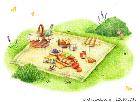 野餐午餐鋪在綠地裡，手繪色鉛筆畫 120970733