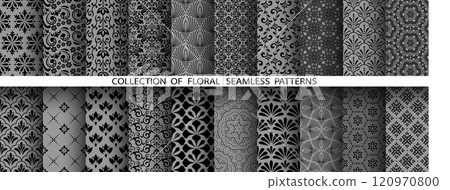 Geometric floral set of seamless patterns. Gray and black vector backgrounds. Damask graphic ornaments 120970800