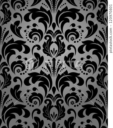 Wallpaper in the style of Baroque. Seamless vector background. Gray and black floral ornament. Graphic pattern for fabric, wallpaper, packaging. Ornate Damask flower ornament 120970801