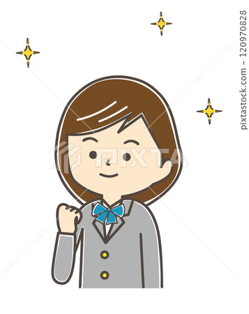 一個穿著制服的女孩用一隻手做拳頭泵 120970828