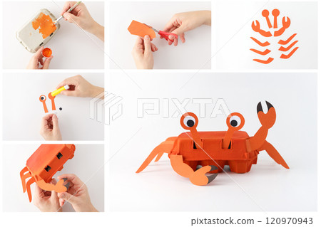 Step-by-step tutorial for making a crab craft from an egg carton and paper on a white background. DIY project and creative activity. Studio photography. Educational and fun craft concept, Step-by-step tutorial for making a crab craft from an egg carton and paper on a white background. DIY project and creative activity. Studio photography. Educational and fun craft concept, 120970943