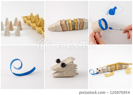 Eco-friendly lizard craft, upcycled egg cartons, cardboard, step-by-step instructions, educational, DIY, vibrant, kid-friendly, sustainable, fun project, creative, colorful design, detailed guide, 120970954