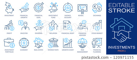 Investment line icons, such as economy, financial growth, profit and more. Vector illustration. Editable stroke. 120971155