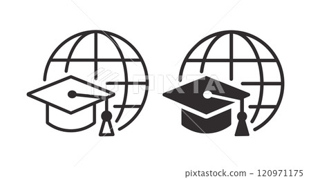 Graduation cap icon. Vector illustration. Symbol of international learning and online courses. 120971175