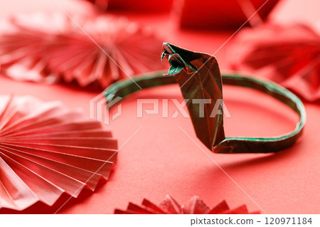 Lunar new year. paper fans on red background. 120971184