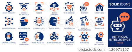 Artificial intelligence icons, such as robot assistant, machine learning, autonomous vehicles and more. Vector illustration. Easily changes to any color. 120971197