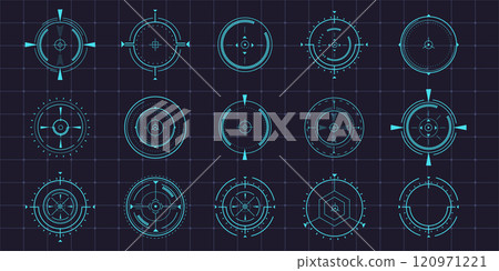 Hud aim pointer optical target, Futuristic focus range indicators, laser crosshair collimator sight. Measurement sniper for sniper gun. Game interface design ui element Hud aim pointer optical target, Futuristic focus range indicators, laser crosshair collimator sight. Measurement sniper for sniper gun. Game interface design ui element 120971221