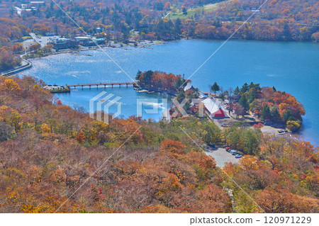 View of Lake Onuma and Akagi Shrine from the hiking trail of Mount Akagi (Kurohiyama) in autumn View of Lake Onuma and Akagi Shrine from the hiking trail of Mount Akagi (Kurohiyama) in autumn 120971229