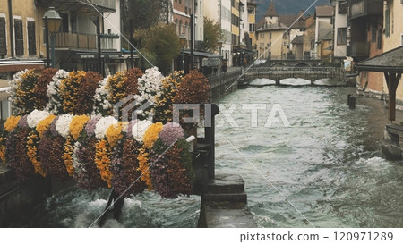 Decorated channel embankments in the city's center. Annecy, France Decorated channel embankments in the city's center. Annecy, France 120971289