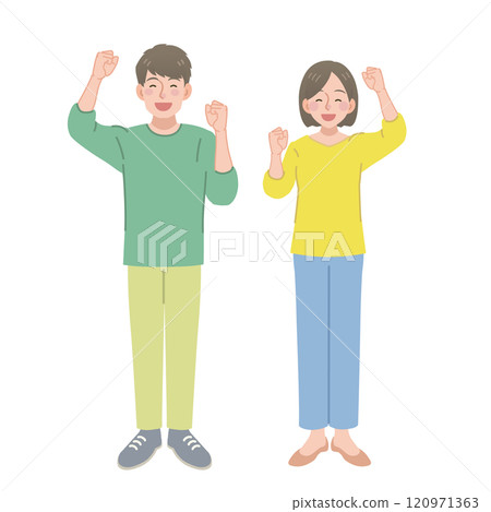 A man and a woman doing a fist pump with a smile A man and a woman doing a fist pump with a smile 120971363