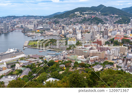 Nagasaki city as seen from the observation deck at Nabekanmuriyama Park, Nagasaki, Nagasaki Prefecture Nagasaki city as seen from the observation deck at Nabekanmuriyama Park, Nagasaki, Nagasaki Prefecture 120971367