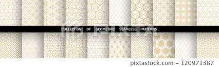 Geometric set of seamless golden and white patterns. Simple vector graphics Geometric set of seamless golden and white patterns. Simple vector graphics 120971387