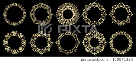 Set of decorative frames Elegant vector element for design in Eastern style, place for text. Floral black and golden borders. Lace illustration for invitations and greeting cards 120971389
