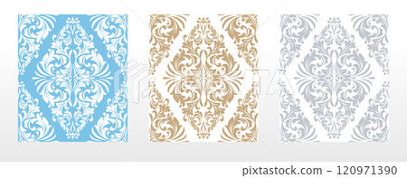 Wallpapers in the style of Baroque. Seamless vector backgrounds. Set of colored floral ornaments. Graphic patterns for fabric, wallpaper, packaging. Ornate Damask flower ornaments 120971390