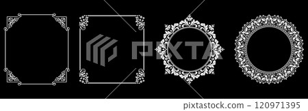 Set of decorative frames Elegant vector element for design in Eastern style, place for text. Floral black and white borders. Lace illustration for invitations and greeting cards. 120971395