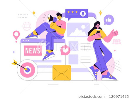 Public Relations Vector Illustration featuring a Team Developing Marketing Campaign Ideas Through Mass Media to Advertise Your Business in Background 120971425
