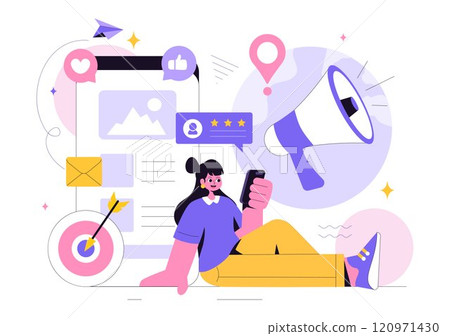 Public Relations Vector Illustration featuring a Team Developing Marketing Campaign Ideas Through Mass Media to Advertise Your Business in Background 120971430