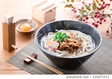 Meat udon noodles with plenty of ingredients made with domestic Wagyu beef Meat udon noodles with plenty of ingredients made with domestic Wagyu beef 120971511