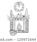 Merry Christmas. Elegant greeting card with a fireplace with a burning fire, gifts and toys and a New Year s wreath. 120971644