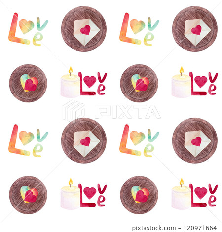 Handwritten word love and colorful hearts in an envelope, candle watercolor set seamless pattern isolated on white. Hand painted art. Perfect St Valentine day, stickers, posters, cards, wrapping 120971664