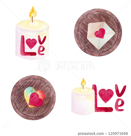 Handwritten word love, colorful hearts in an envelope, candle, tray watercolor set seamless pattern isolated on white. Hand painted perfect St Valentine day, stickers, posters, cards, wrapping poster Handwritten word love, colorful hearts in an envelope, candle, tray watercolor set seamless pattern isolated on white. Hand painted perfect St Valentine day, stickers, posters, cards, wrapping poster 120971698