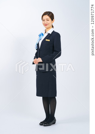Full-body photo of a woman serving customers 120971774