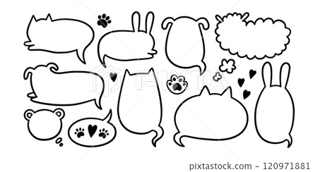 Cat dog pet speech bubble. Empty cute frames with tails set. Hand drawn sketch doodle line animal frame design. Cat, dog paw cute talk speech bubble. Vector illustrations isolated on white background Cat dog pet speech bubble. Empty cute frames with tails set. Hand drawn sketch doodle line animal frame design. Cat, dog paw cute talk speech bubble. Vector illustrations isolated on white background 120971881