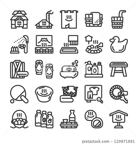 Hot spring trip, facilities and supplies icon set 120971891