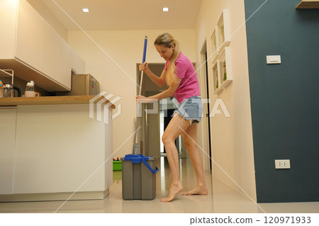 A woman is cleaning her living room at home A woman is cleaning her living room at home 120971933