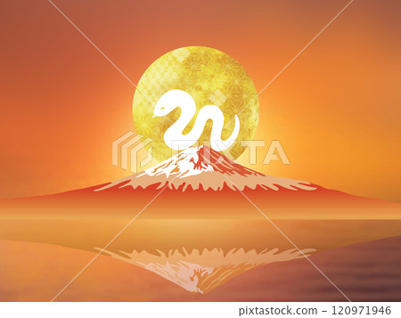 Orange color New Year's card background material with a snake and the first sunrise of Mt. Fuji 120971946