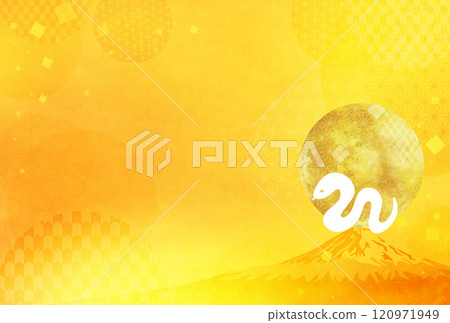 2025 zodiac sign: snake and first sunrise of Mt. Fuji, gold color New Year's card background material 2025 zodiac sign: snake and first sunrise of Mt. Fuji, gold color New Year's card background material 120971949