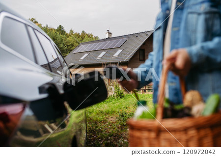 Close up of man holding basket with groceries, plugging charger into an eletric car. House with solar panel system on roof behind. Close up of man holding basket with groceries, plugging charger into an eletric car. House with solar panel system on roof behind. 120972042