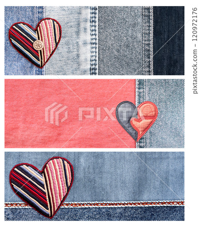 Set of horizontal banners with denim texture of blue, gray and black color with felt heart in patchwork style. Jeans fabric texture with heart-shaped textile patch. Valentine's day denim background Set of horizontal banners with denim texture of blue, gray and black color with felt heart in patchwork style. Jeans fabric texture with heart-shaped textile patch. Valentine's day denim background 120972176