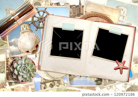 Vintage travel background with opened album with retro photo. Horizontal vacation backdrop. Mock up template. Copy space for text. Travel, active tourism, rest, vacation and holiday concept 120972186