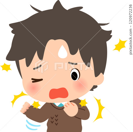 A man who is bothered by static electricity when putting on a sweater A man who is bothered by static electricity when putting on a sweater 120972236