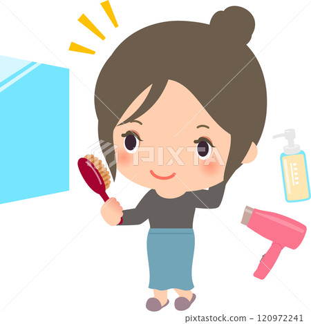 Smiling woman fixing her hair in front of a mirror 120972241