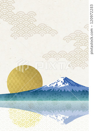 Gold sunrise over Mt. Fuji and Japanese pattern New Year's card size material Gold sunrise over Mt. Fuji and Japanese pattern New Year's card size material 120972283