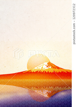 Mt. Fuji with the rising sun and an inverted image of Mt. Fuji reflected on the water surface - New Year's card size material 120972312