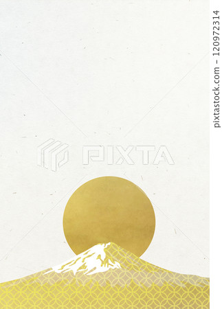 Japanese pattern of golden rising sun and Mt. Fuji New Year's card size material 120972314