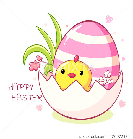 Square Easter card with cute little chicken in kawaii style. Tiny baby chick with Easter egg. Can be used for t-shirt print, sticker, greeting card. Vector illustration EPS8 120972321