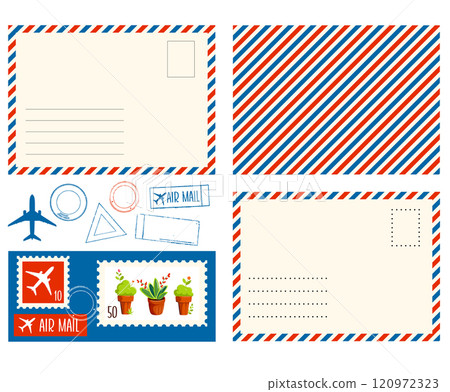 Set of vintage postcard with red and blue frame and postmarks. Air mail card, frame of retro envelope, postage stamps and postage rubber stamps. Vector illustration EPS8 120972323